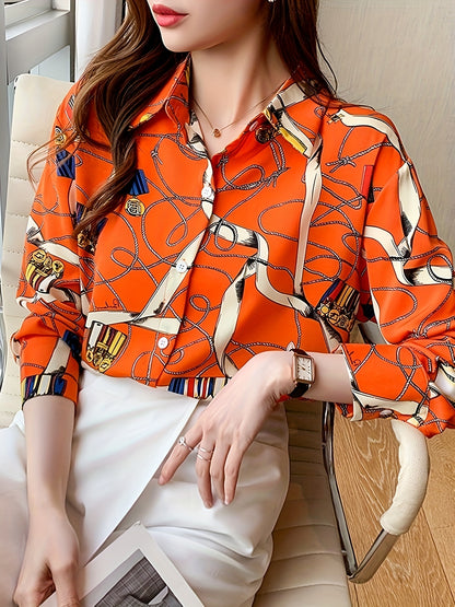 Chain Print Button Down Blouse, Elegant Collared Long Sleeve Blouse For Spring & Fall, Women's Clothing MyFave Boutique