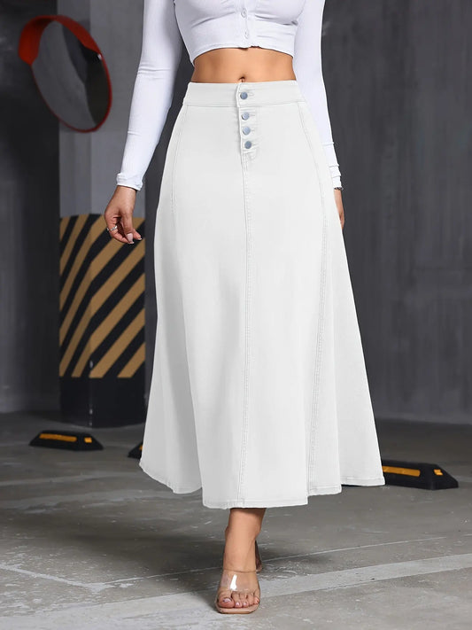 Women's Fashion White Button Front A-line Maxi Denim Skirt MyFave Boutique