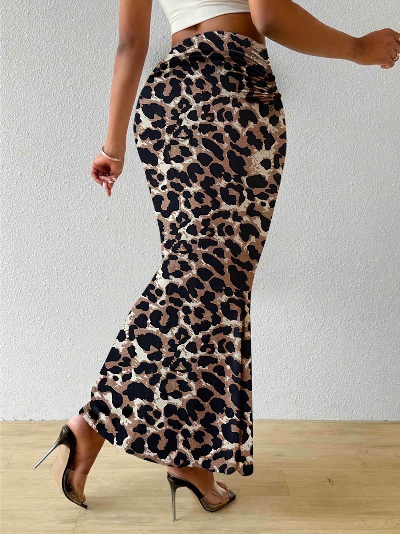 Leopard Print Ankle Length Skirt, Stylish High Waist Bodycon Skirt For Spring & Summer, Women's Clothing MyFave Boutique