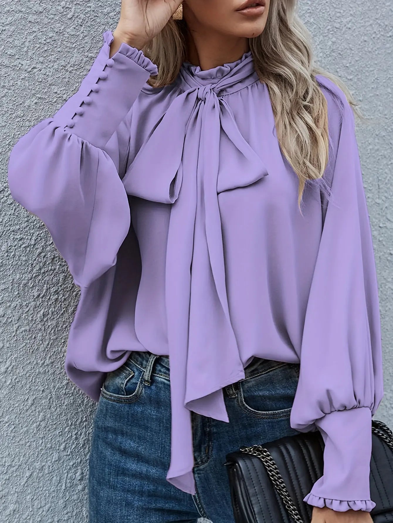 Solid Color Lantern Sleeve Blouse, Loose Fit Tie Back Top for Women, Daily Wear MyFave Boutique