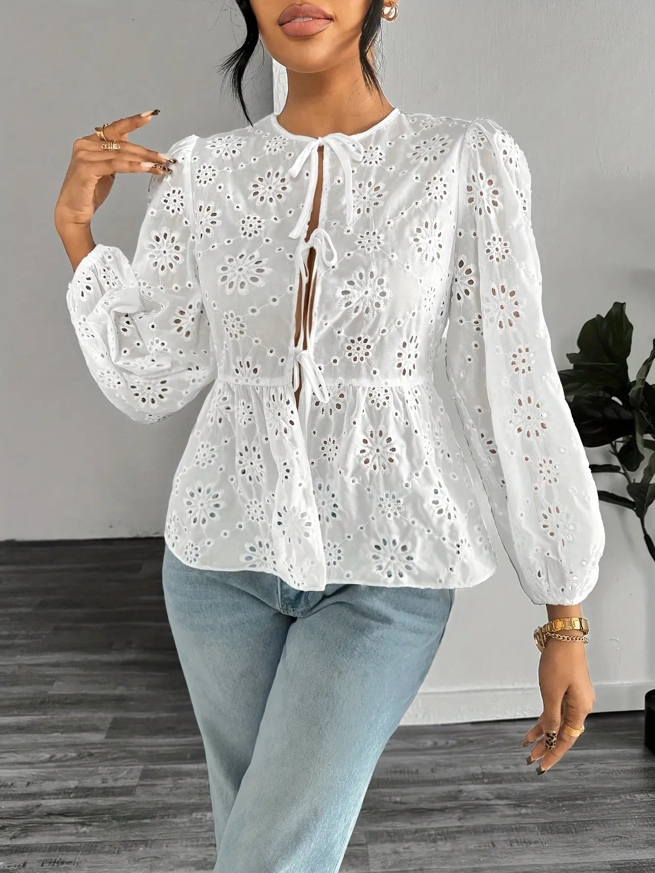 Eyelet Embroidered Tie Front Blouse, Elegant Lantern Sleeve Solid Color Blouse For Spring & Fall, Women's Clothing MyFave Boutique