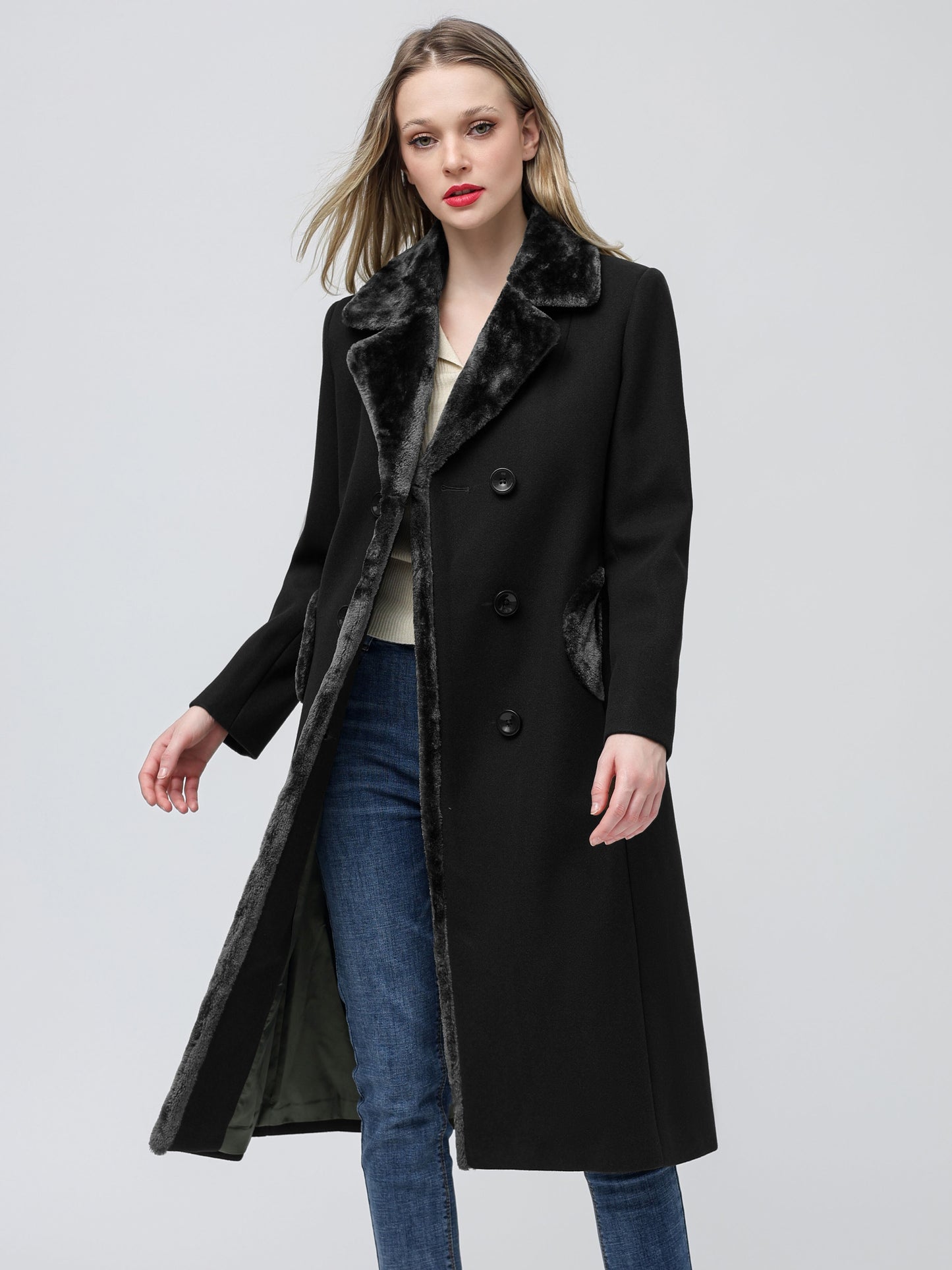 Women's Big Notch Lapel Double Breasted Mid-Long 5% Wool Blend Coat Jackets MyFave Boutique