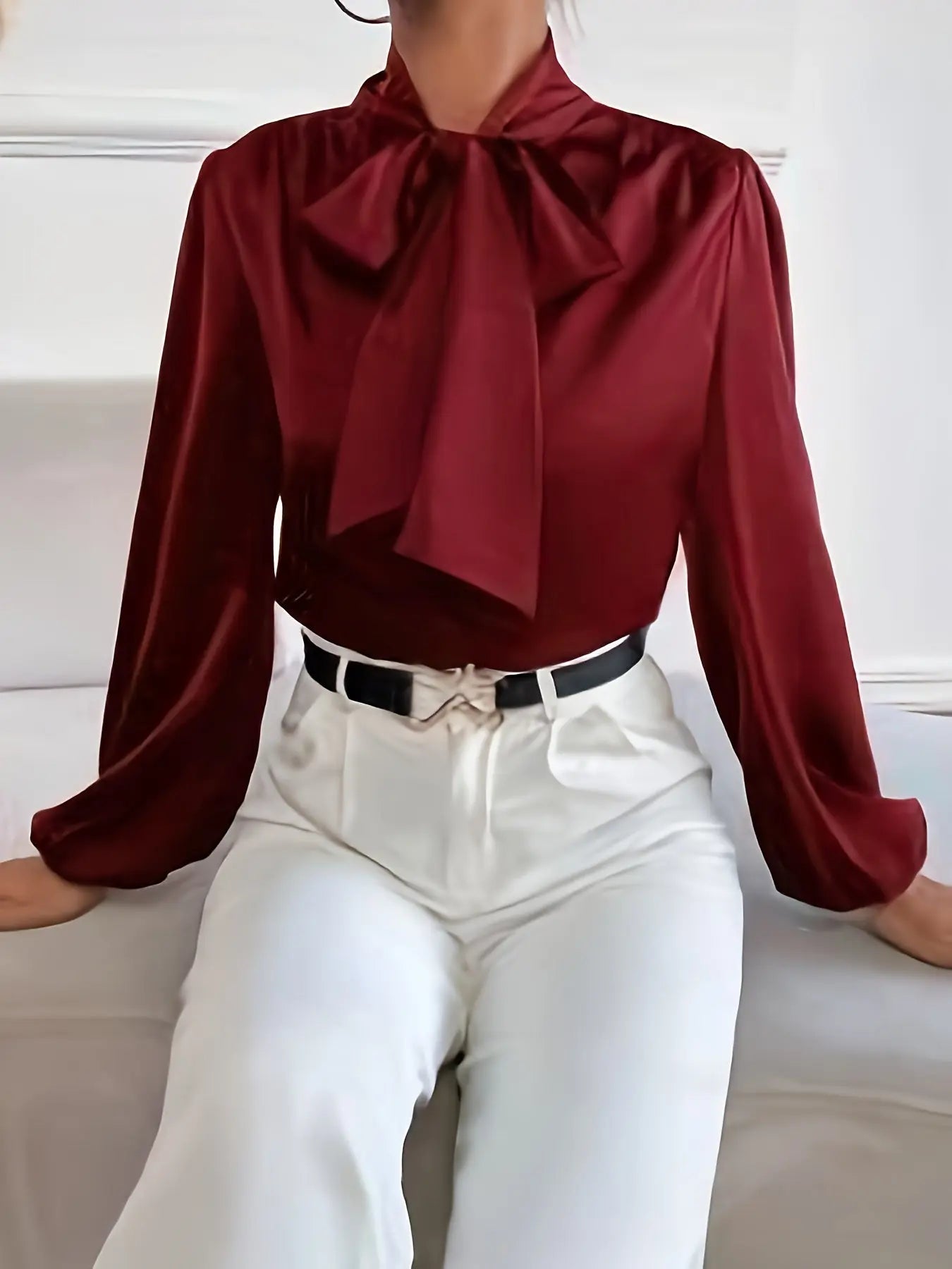 Solid Color Tie-Neck Blouse, Elegant Long Sleeve Blouse for Spring & Fall, Women's Clothing MyFave Boutique