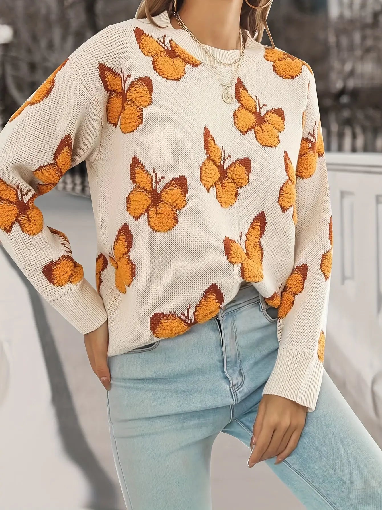 Butterfly Pattern Crew Neck Sweater, Casual Long Sleeve Sweater For Fall & Winter, Women's Clothing MyFave Boutique