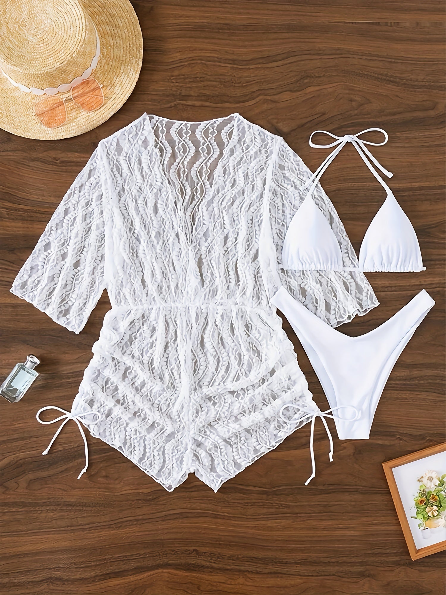 Three-Piece Mesh Long Sleeve Cover-Up Swimsuit Set - Waist-Cinching, Lace, Sun Protection, Solid Color, Beach, Hot Springs, Pool, and Water Park Essential - Perfect for Summer Vacation and Outdoor Activities MyFave Boutique