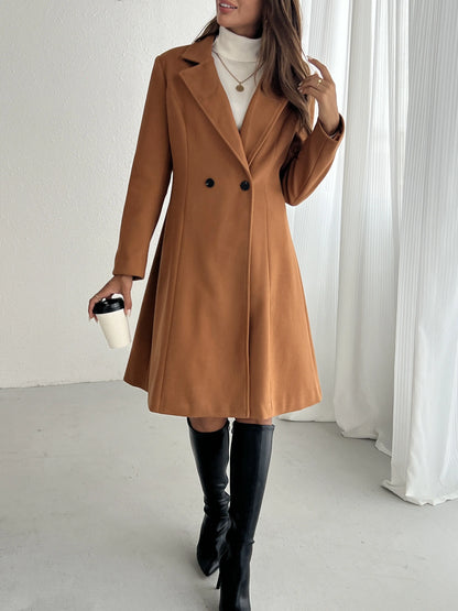 Double-breasted Lapel A-line Coat, Elegant Solid Long Sleeve Longline Coat For Fall & Winter, Women's Clothing MyFave Boutique