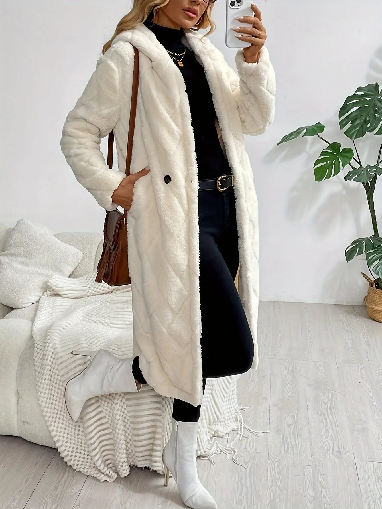 Elegant Apricot Long Sleeve Teddy Coat for Women - Cozy & Warm, Button-Up Fuzzy Outerwear with Pockets, Machine Washable, Polyester Blend, Perfect for Fall/Winter MyFave Boutique