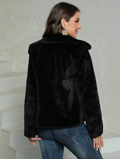 Fuzzy Slanted Zipper Coat, Elegant Solid Long Sleeve Warm Outerwear, Women's Clothing MyFave Boutique