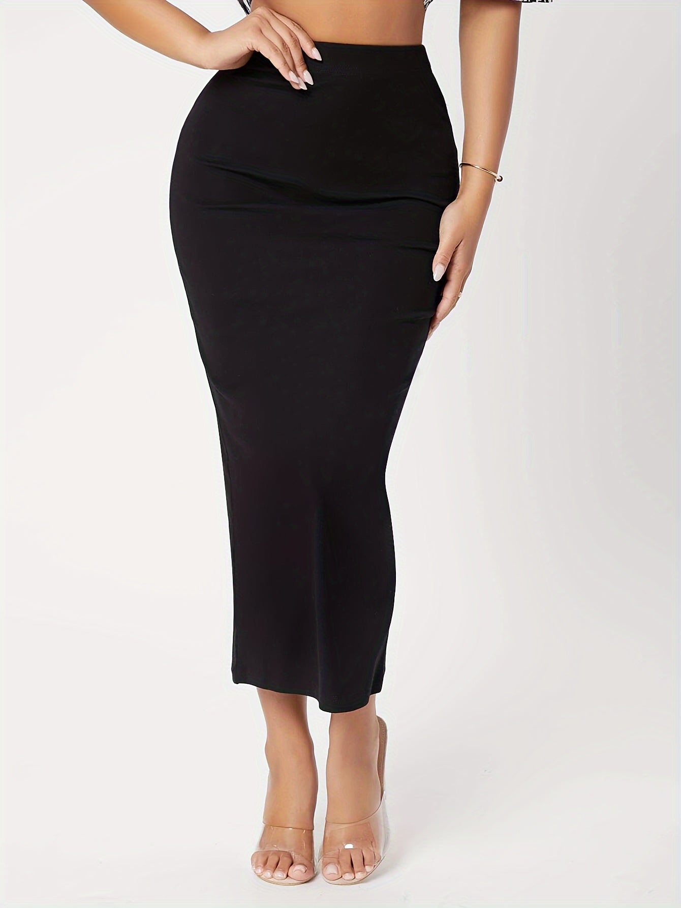 Women's Elegant Midi Pencil Skirt, Solid Color, Polyester, No Belt, Slim Fit, Knit Fabric, Middle East Collection, Spring/Summer/Autumn Season MyFave Boutique