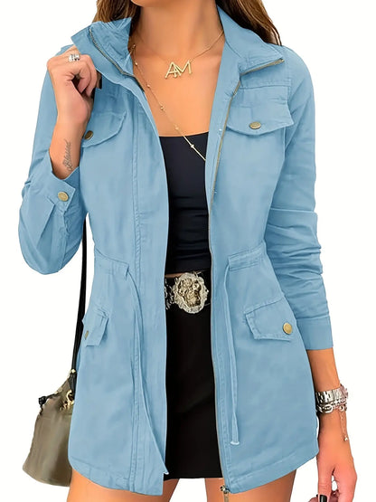 Women's Lightweight Military Jacket with Zip-Up, Drawstring, and Pockets MyFave Boutique