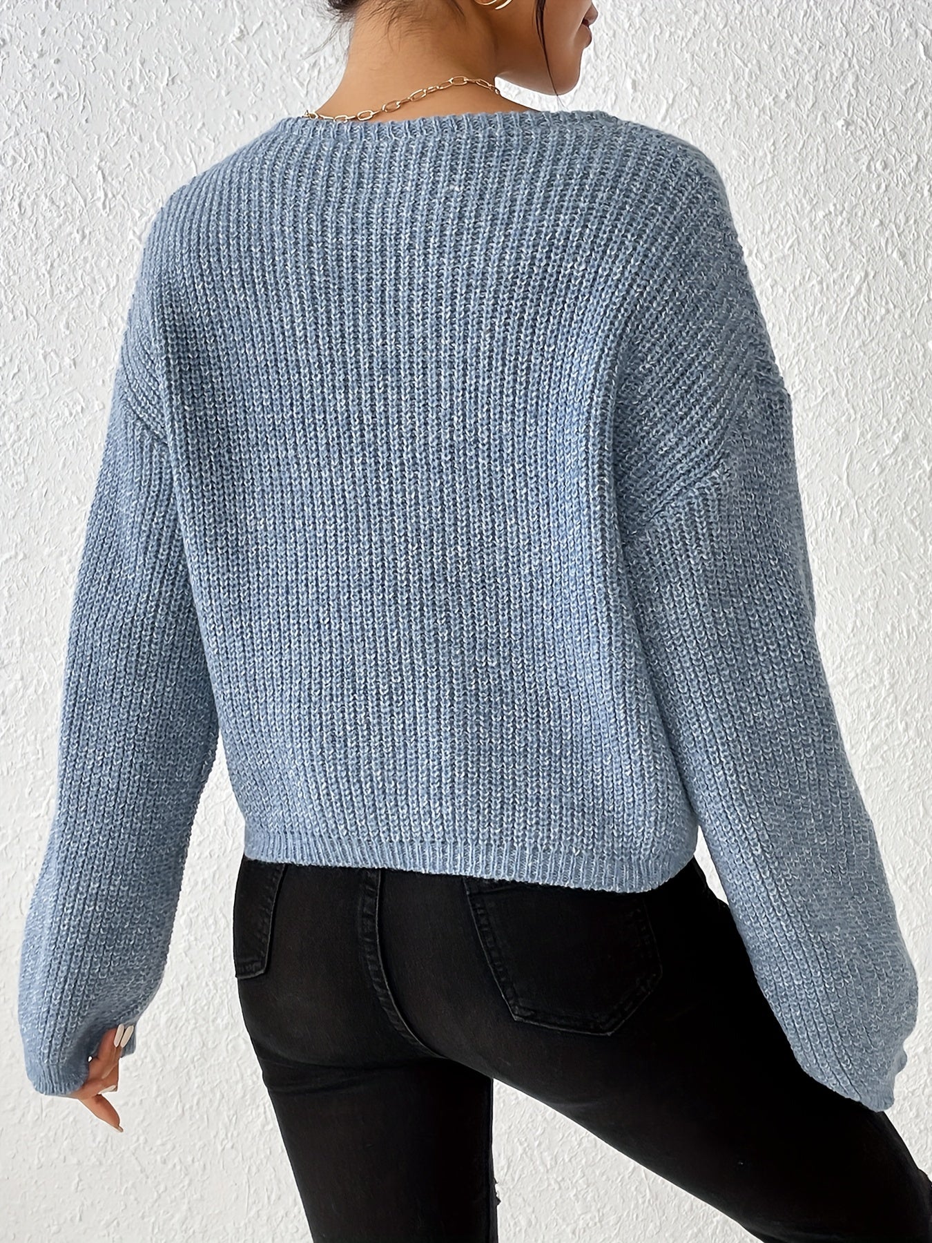 Solid Crew Neck Pullover Sweater, Casual Long Sleeve Drop Shoulder Sweater, Women's Clothing MyFave Boutique