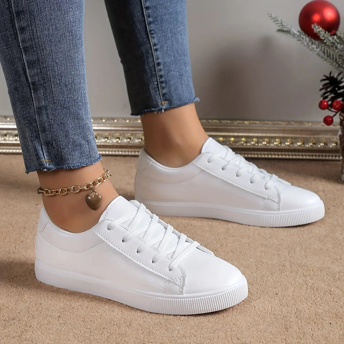 Women's Lace-Up White Sneakers: Lightweight & Comfortable Low Top Casual Shoes for Outdoor Wear MyFave Boutique