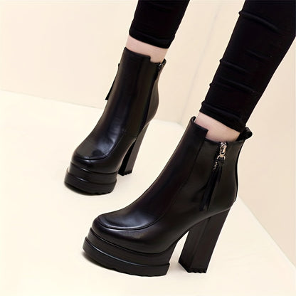 Women's Solid Color Block Heeled Boots, Fashion Side Zipper Dress Boots, Stylish Faux Leather Boots MyFave Boutique