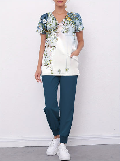 Women's Summer Healthcare Uniform: Comfortable Floral Print Short Sleeve V-neck Top With Dual Pockets & Fitted Bottom Pants - Professional Nursing Outfit MyFave Boutique