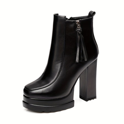 Women's Solid Color Block Heeled Boots, Fashion Side Zipper Dress Boots, Stylish Faux Leather Boots MyFave Boutique