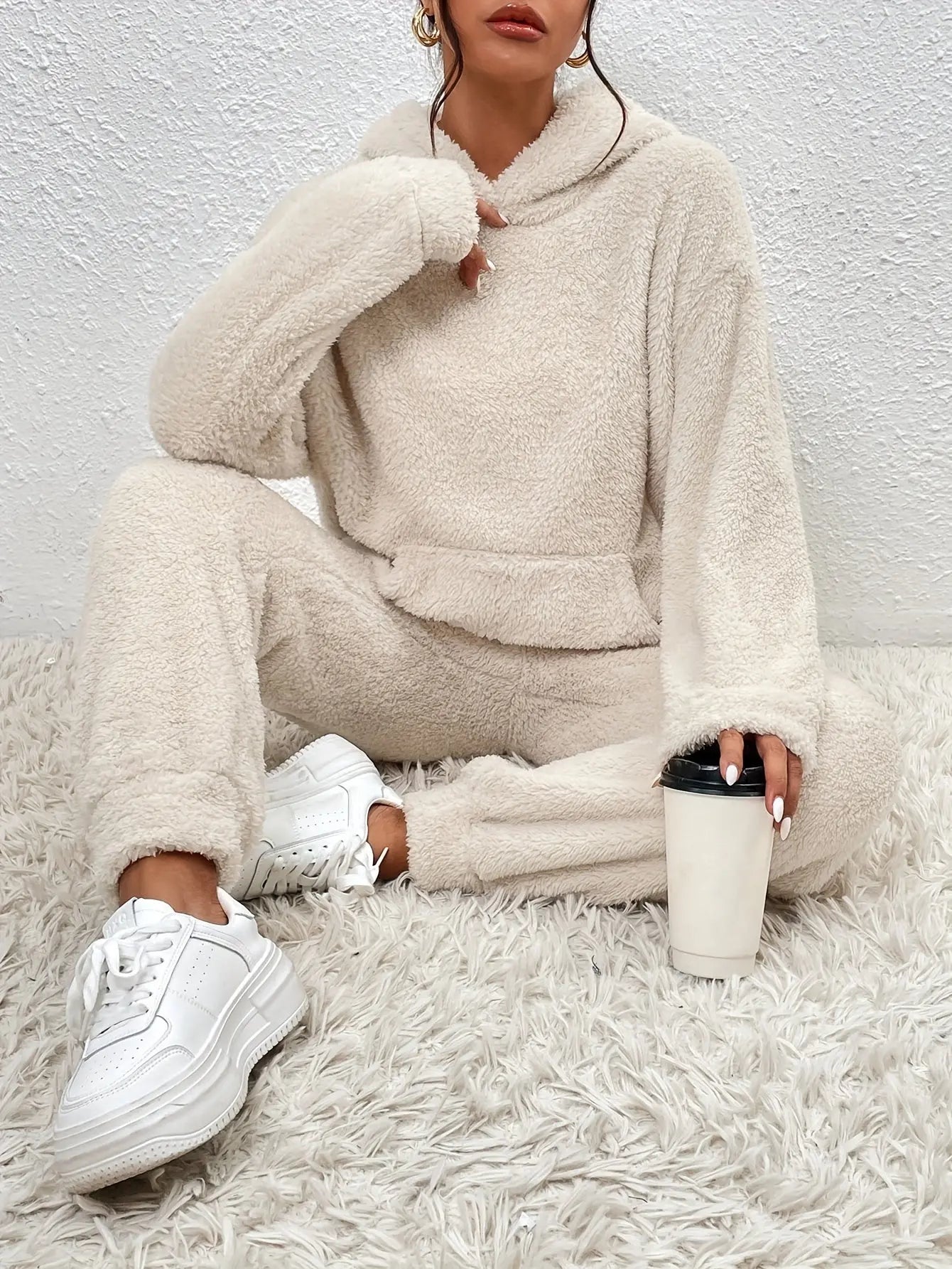 Women's Solid Fleece Thick Casual Pajama Set, Long Sleeve Hoodie With Kangaroo Pockets & Pants, Comfortable Relaxed Fit For Fall & Winter MyFave Boutique