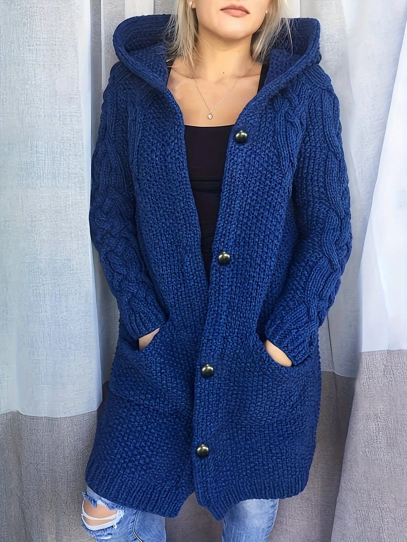 Solid Button-Front Hooded Cardigan with Pockets, Long Sleeve Fall & Winter Women's Clothing MyFave Boutique