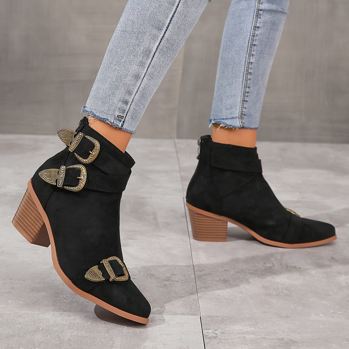 Women's Chunky Heel Short Boots, Casual Buckle Strap Design Ankle Boots, Comfortable Back Zipper Boots MyFave Boutique