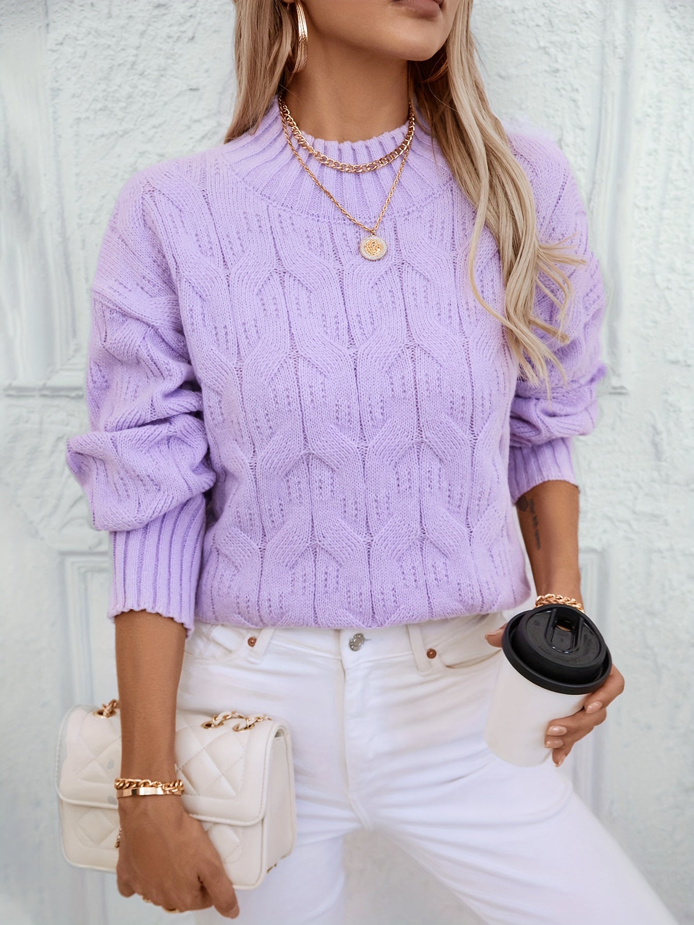 Cable Knit Mock Neck Sweater, Versatile Long Sleeve Sweater For Fall & Winter, Women's Clothing MyFave Boutique