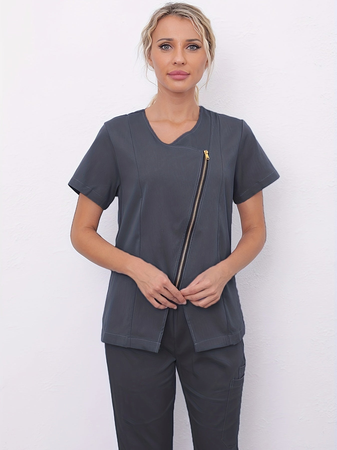 Short Sleeve V-neck Zipper Top, Comfortable & Functional Health Care Uniform For Nurse, Women's Clothing MyFave Boutique