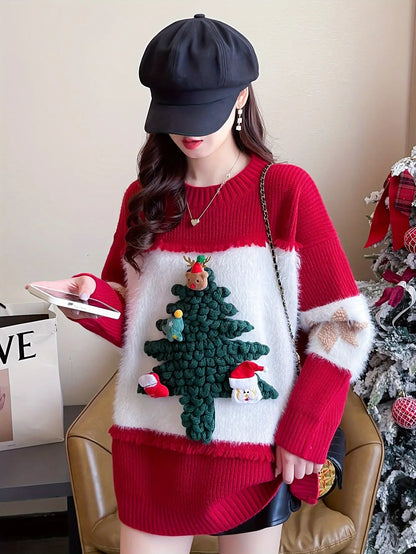 Christmas Tree Decor Crew Neck Sweater, Casual Long Sleeve Sweater For Fall & Winter, Women's Clothing MyFave Boutique