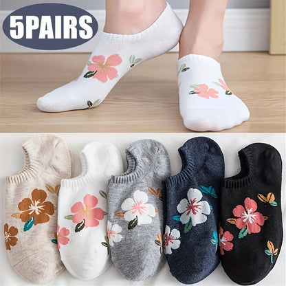 5 Pairs Women Sock Cotton Socks Fashion Flowers Hidden Socks No Show Socks Boat Sock Breathable Low Cut Socks Ankle Sock Invisible Socks Flat Boat Socks MyFave Boutique