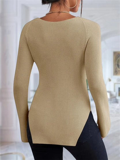 Womens Square Neck Sexy Pullover Sweaters Ribbed Knit Long Bell Sleeve Slim Fit Split Stretch Jumper Tops MyFave Boutique