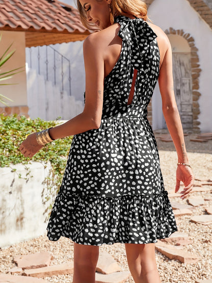 Women 2024 Summer Halter Neck Dresses Sleeveless Casual Floral Polka Dot Print Short Boho Ruffle Sundress MyFave Boutique