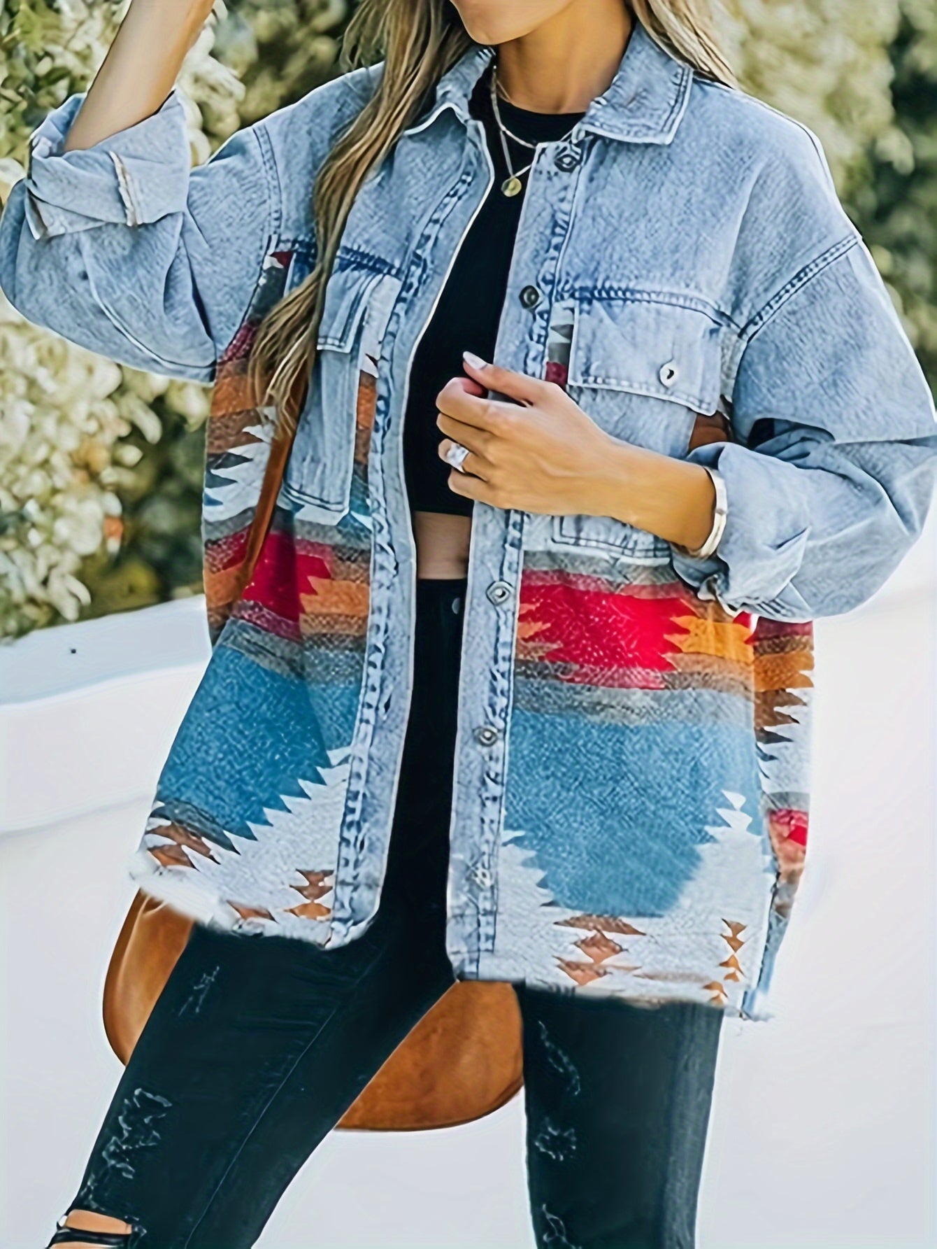 Women's Aztec Print Button Up Boho Retro Long Sleeve Loose Fit Washed Blue Denim Jacket MyFave Boutique