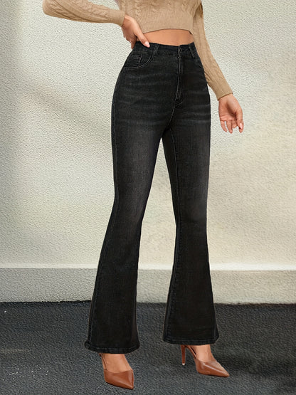 Plush Lined Plain Black Color Flare Leg Elegant Style Zipper Button Closure Denim Pants For Winter, Women's Denim Jeans & Clothing MyFave Boutique