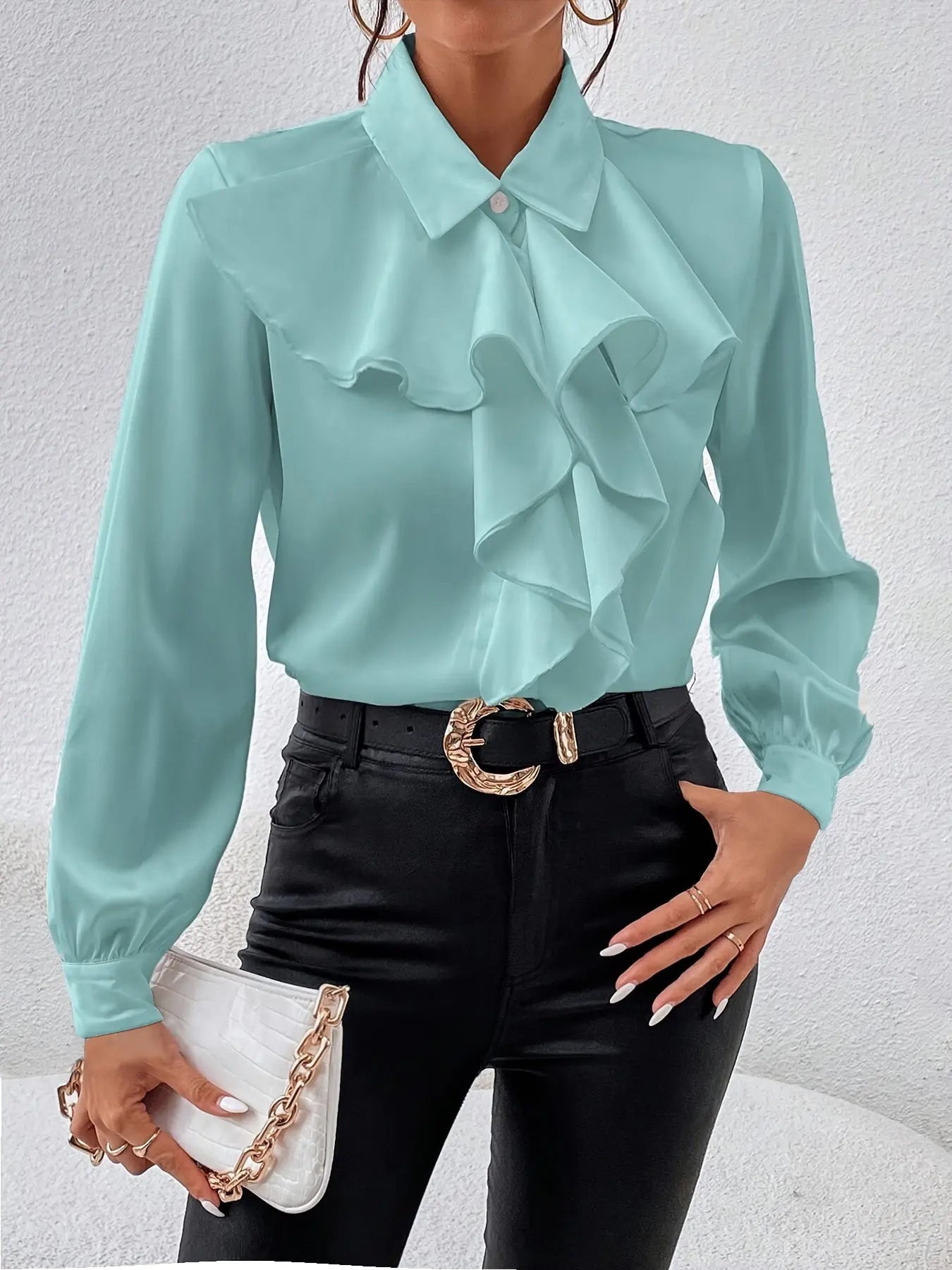 Solid Color Ruffle Trim Blouse, Elegant Long Sleeve Blouse For Spring & Fall, Women's Clothing MyFave Boutique