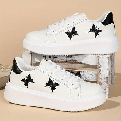 Women's Butterfly Embroidery Lace-Up Skate Sneakers with Thick Sole MyFave Boutique