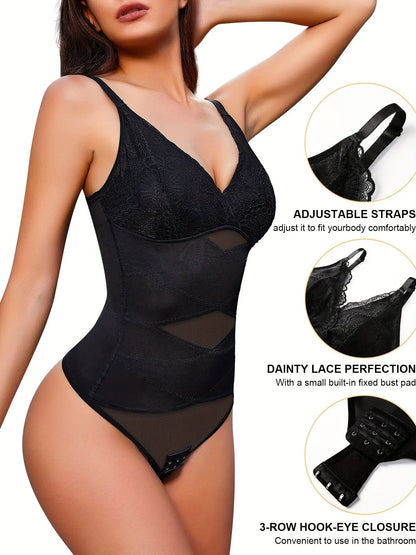 Solid Contrast Lace Snap Crotch Thong Shaping Bodysuit, Simple & Soft Tummy Control Slimmer Body Shaper, Women's Underwear & Shapewear MyFave Boutique