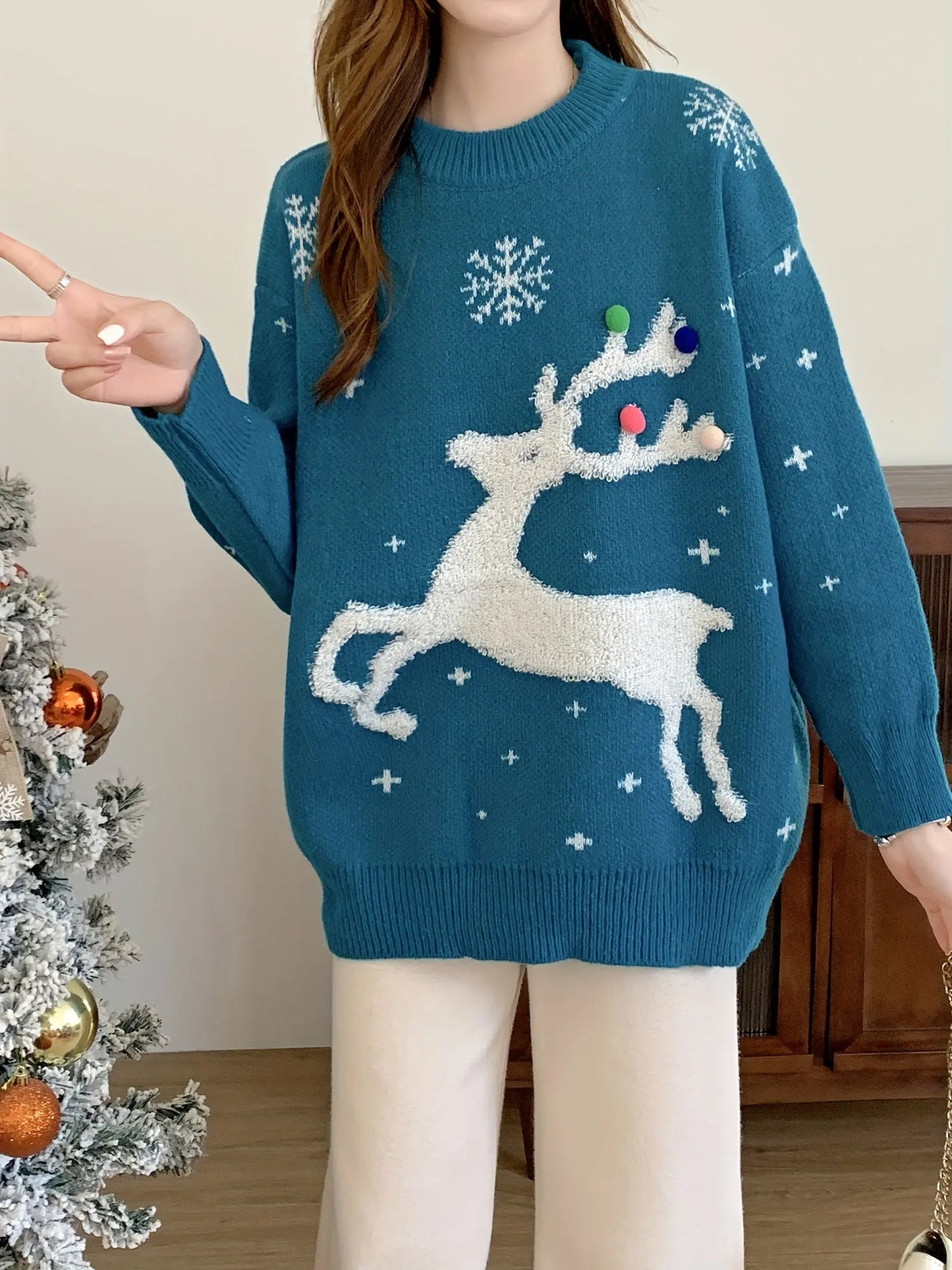 Reindeer Pattern Crew Neck Sweater, Casual Long Sleeve Sweater For Fall & Winter, Women's Clothing MyFave Boutique