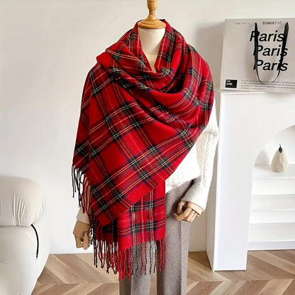 Elegant Red Plaid Scarf for Women - Extra Long, Oversized Tassel Shawl, Warm & Windproof Polyester Outdoor Wrap MyFave Boutique