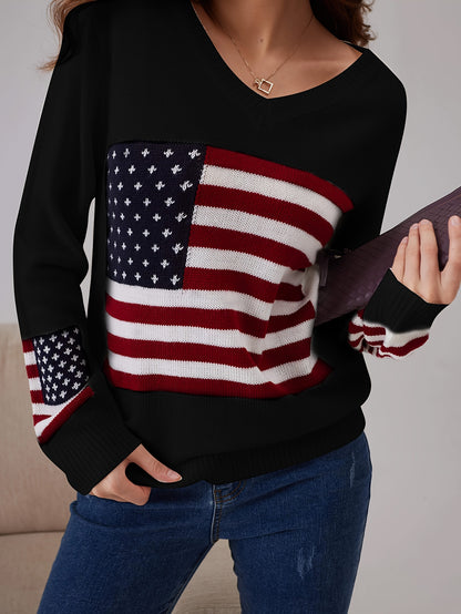 American Flag Print V Neck Sweater, Casual Long Sleeve Sweater For Spring & Fall, Women's Clothing MyFave Boutique