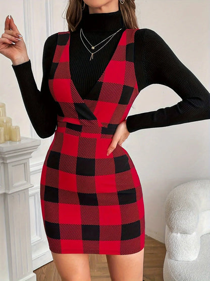 Elegant V-Neck Plaid Bodycon Dress for Women - 100% Polyester, Woven, All Season, Backless Detail, Red and Black MyFave Boutique