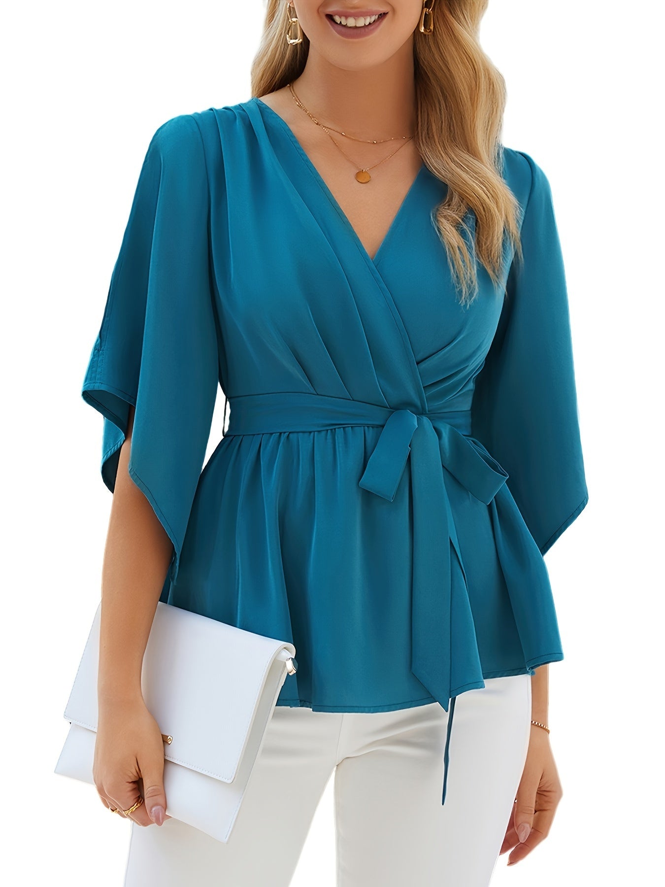 Solid Surplice Neck Wrap Blouse, Casual Lace Up 3/4 Sleeve Ruffle Trim Blouse For Spring & Summer, Women's Clothing MyFave Boutique