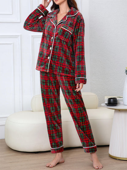 Women's Plaid Print Casual Fleece Thick Pajama Set, Long Sleeve Buttons Lapel Top & Pants, Comfortable Relaxed Fit For Fall & Winter MyFave Boutique