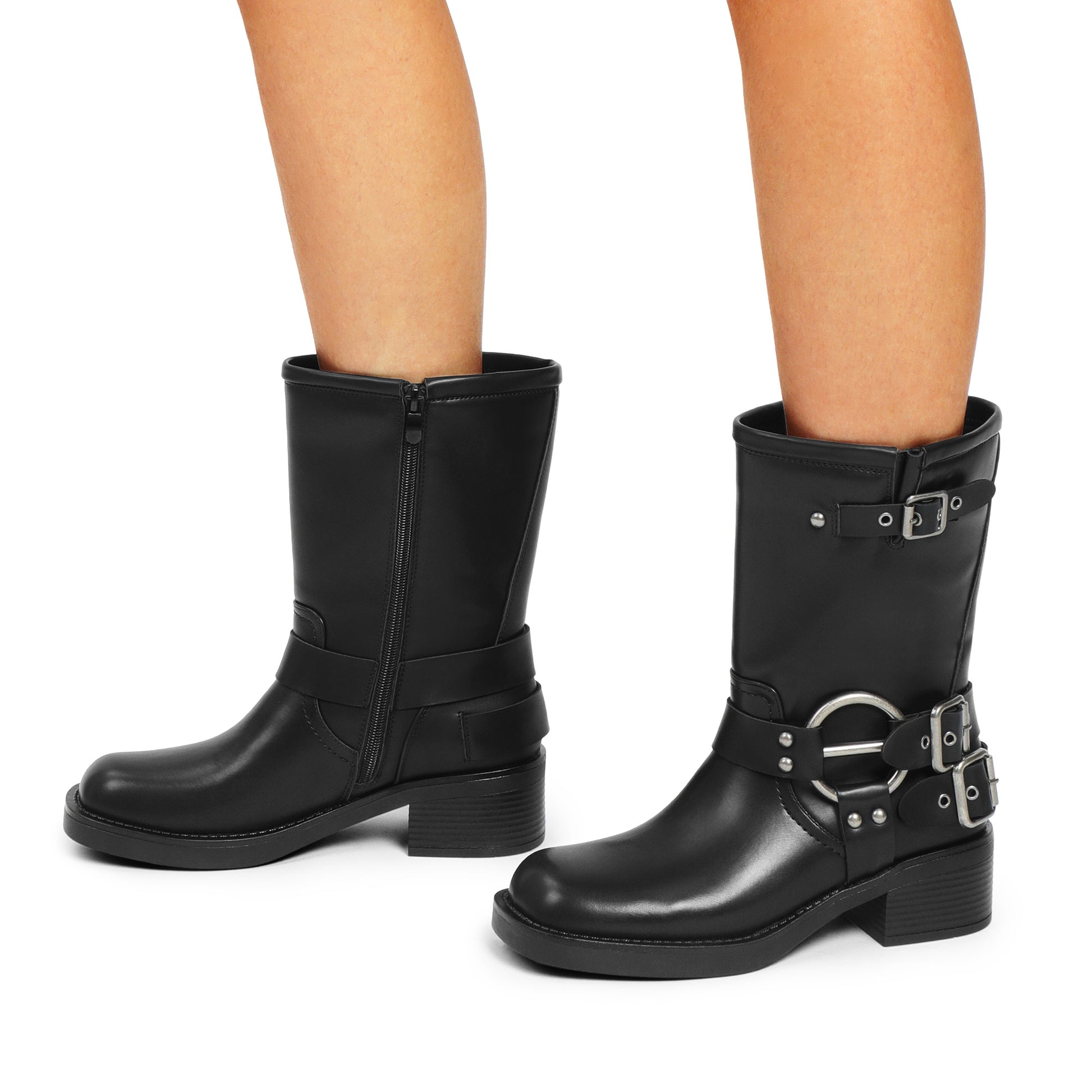 Mid Calf Biker Boots for Women: Square Toe, Buckles, Low Chunky Heel MyFave Boutique