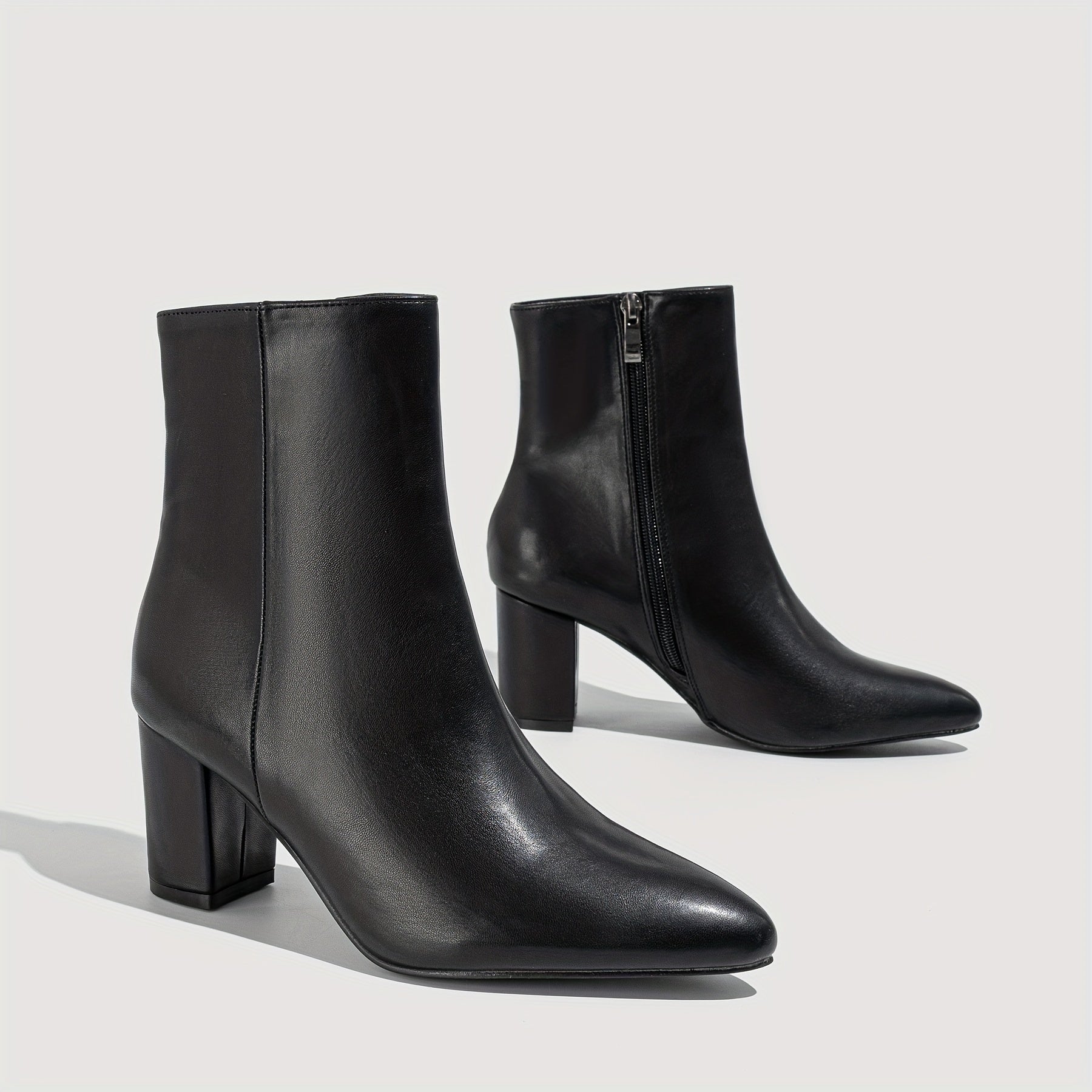 Comfy Black Block Heeled Ankle Boots with Pointed Toe and Side Zipper for Women MyFave Boutique