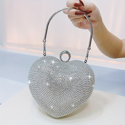 Sparkling Rhinestone Heart Evening Bag, Elegant Shiny Dinner Clutch Purse MyFave Boutique