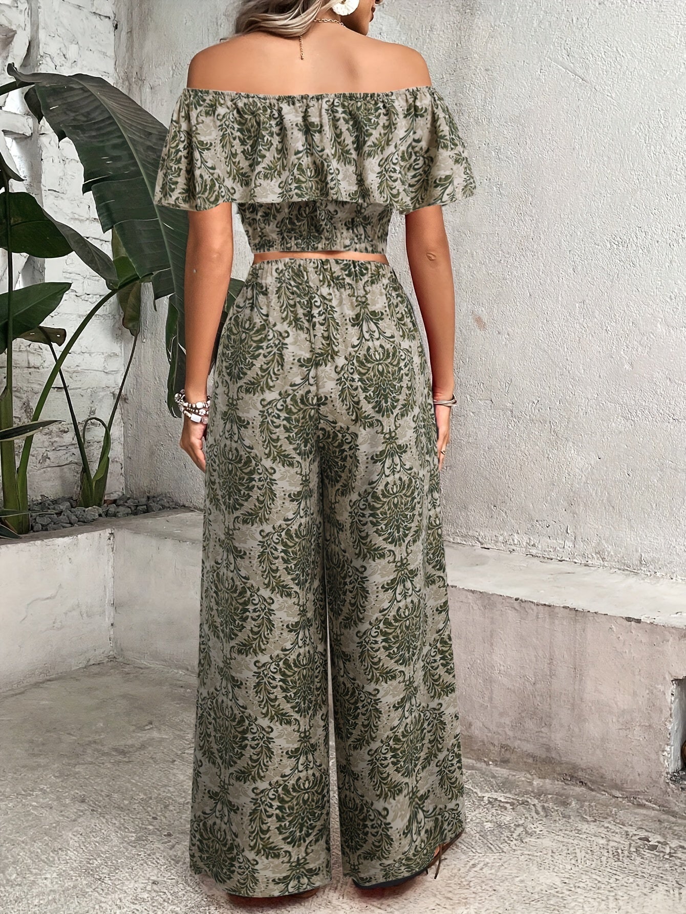 Floral Print Elegant Pantsuit Set with Off Shoulder Backless Crop Blouse & Wide Leg Elastic High Waist Pants - Women's Clothing MyFave Boutique