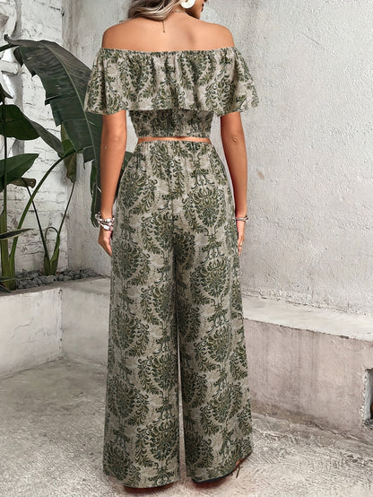 Floral Print Elegant Pantsuit Set with Off Shoulder Backless Crop Blouse & Wide Leg Elastic High Waist Pants - Women's Clothing MyFave Boutique