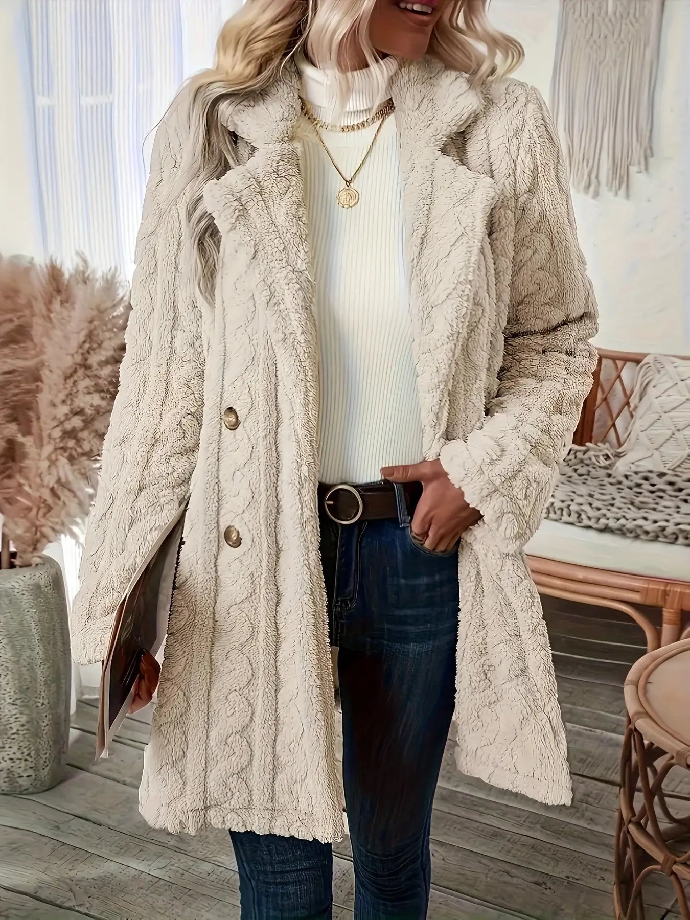 Double-Breasted Teddy Coat with Textured Sleeves, Women's Long Sleeve Winter Outwear MyFave Boutique