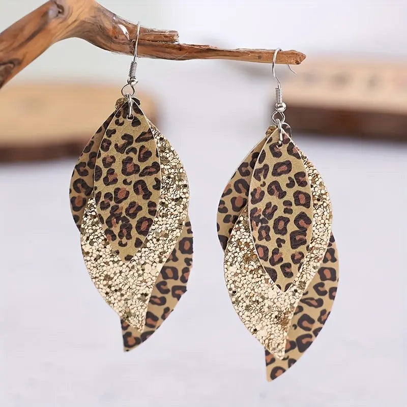 Vintage Triple Leopard PU Leather Sequin Layer Earrings MyFave Boutique