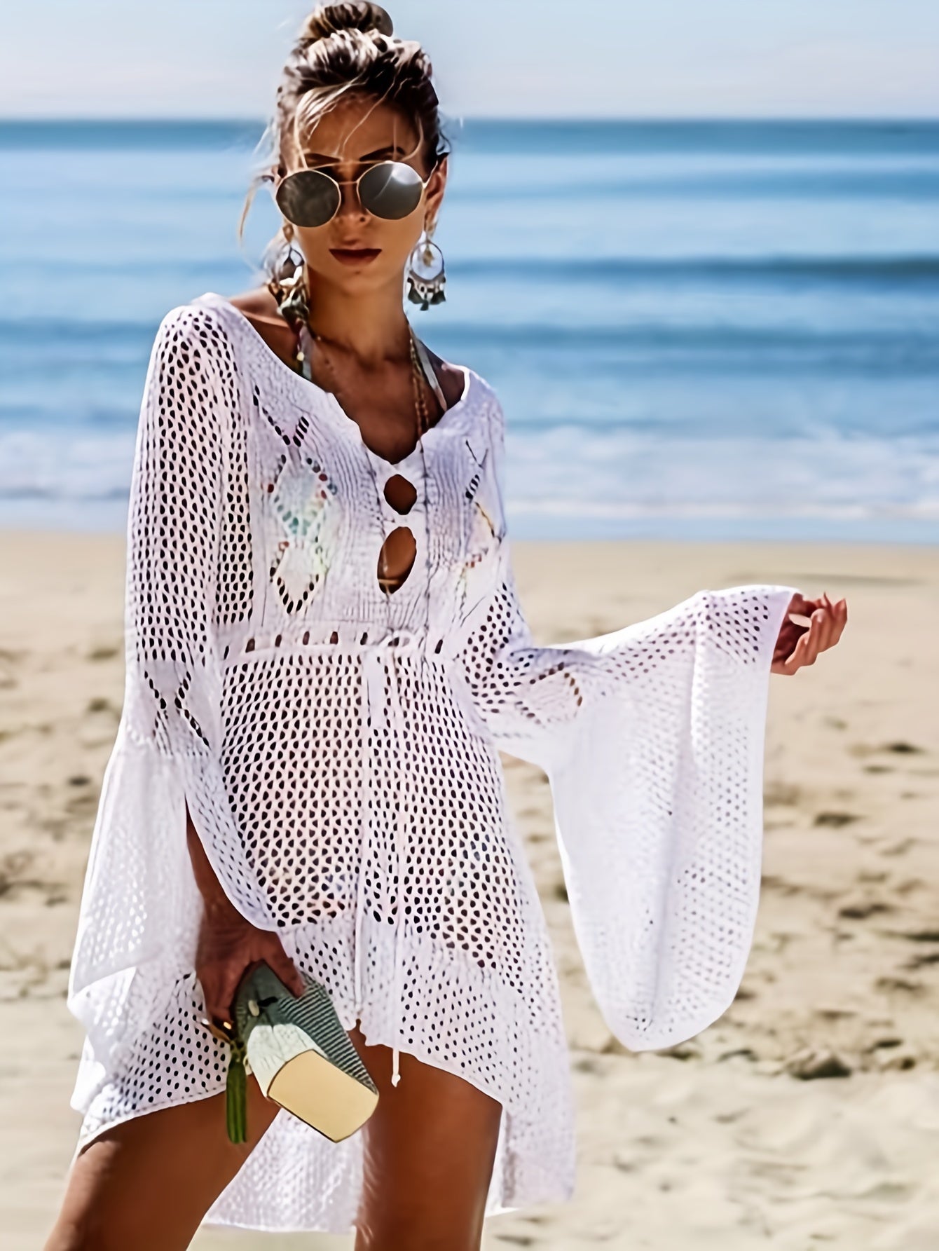 Women's Hollowed Out Knitted Trumpet Sleeve Beach Cover Up With Front Short And Back Long Waist Drawstring Vacation Beach Bikini Cover Up MyFave Boutique