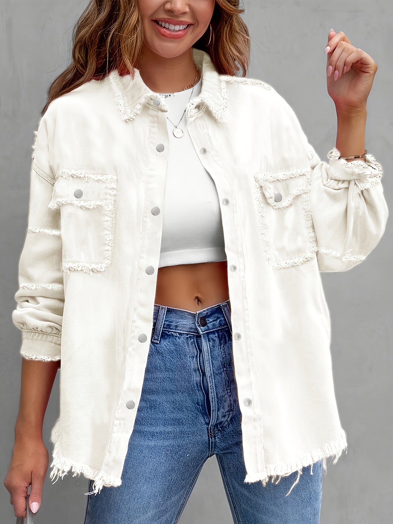 Women's Casual Chic Plain Denim Jacket, Fashion Trendy Style, Frayed Hem, Button-Up, Pockets, Versatile Streetwear For Daily And Travel MyFave Boutique