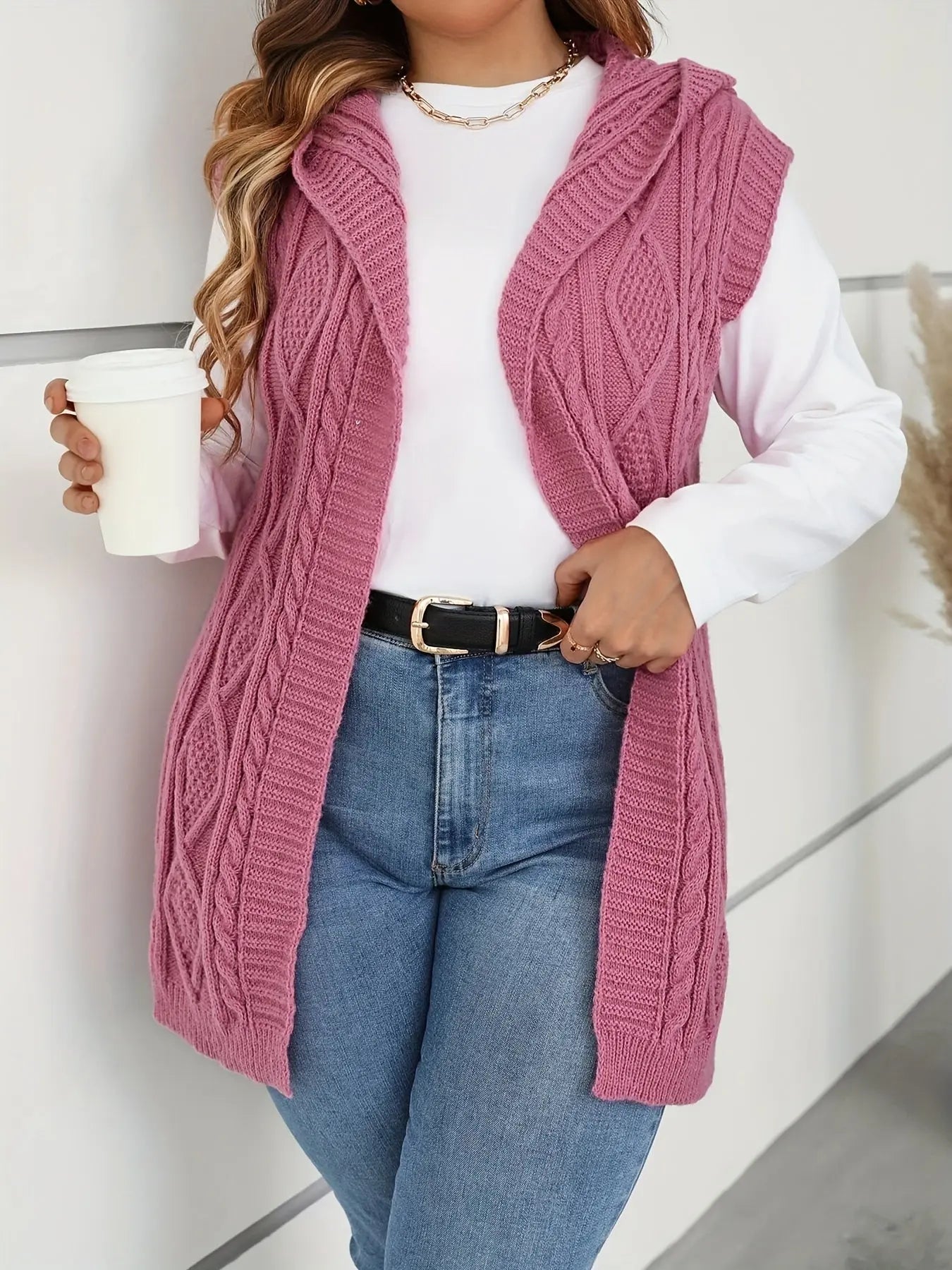 Plus Size Open Front Cable Knit Sleeveless Cardigan for Spring & Fall MyFave Boutique