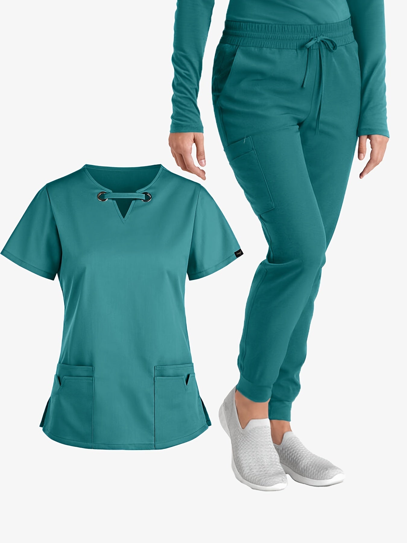 Solid Two-piece Set, Elegant V Neck Short Sleeve Scrub Top & Drawstring Pants Outfit For Medical & Health Care, Women's Clothing MyFave Boutique